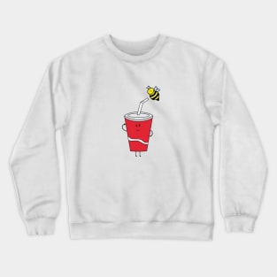 cute red cup drink with little bee perched on its straw Crewneck Sweatshirt